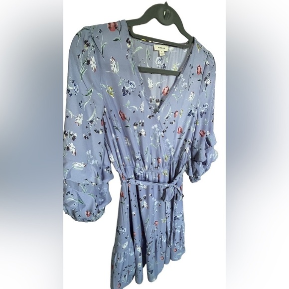 Gilli Lavender Purple Floral Print Surplice Tie Waist 3/4 Sleeve Mini Dress Sz S - Picture 5 of 10